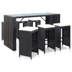 Set mobilier bar de grădină cu perne, 7 piese, negru, poliratan