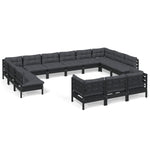 Set mobilier grădină cu perne, 13 piese, negru, lemn de pin