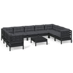 Set mobilier grădină cu perne, 10 piese, negru, lemn de pin