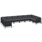 Set mobilier grădină cu perne, 10 piese, negru, lemn de pin