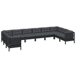 Set mobilier grădină cu perne, 10 piese, negru, lemn de pin